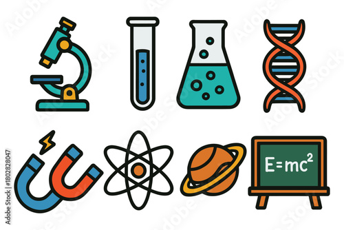 A vibrant set of cartoonish science illustrations including a microscope test tubes DNA atom magnets planet and chalkboard
