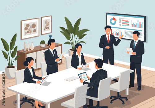 Professional business meeting illustration with diverse team collaborating on financial strategy and market analysis in a modern office setting, showcasing data-driven decisions