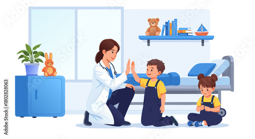 A friendly pediatrician gives a high-five to a young patient, with another child sitting nearby in a bright, well-equipped examination room with toys and books on a shelf