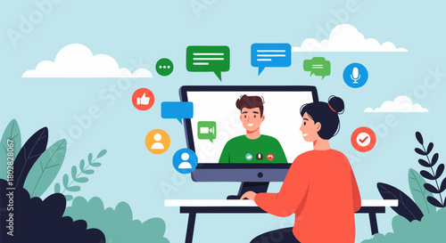 Engaging video conference with friendly conversation between colleagues or friends communicating online from home or office, fostering remote connection and discussion in a modern digital world