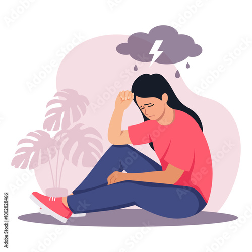 Depressed woman sitting on floor with storm cloud above, flat style, indoor background. Concept of sadness, anxiety, and mental health. Vector illustration