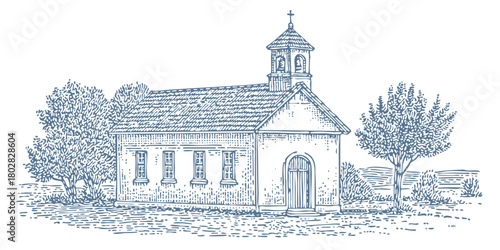 Small chapel with a cross on top. Vintage woodcut engraving linocut style vector illustration.