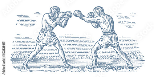 Boxing match with two fighters in the ring. Vintage woodcut engraving linocut style vector illustration.