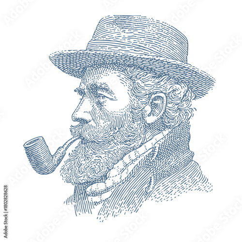 Man with a pipe and hat. Vintage woodcut engraving linocut style vector illustration.