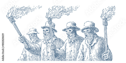 Group of figures with torches. Vintage woodcut engraving linocut style vector illustration.