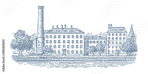 Factory with a tall smokestack and buildings. Vintage woodcut engraving linocut style vector illustration.