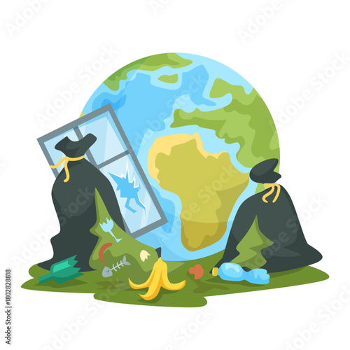 Earth globe surrounded by garbage bags, broken window, and waste items, flat cartoon style on white background. Concept of environmental pollution. Vector illustration