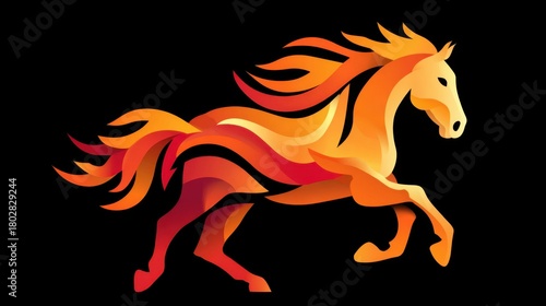 Stylized fiery horse in bold orange and red gradients galloping on black background with sharp flowing shapes. Energetic flame-inspired concept. colorful running horse silhouette, logo symbol 2026.