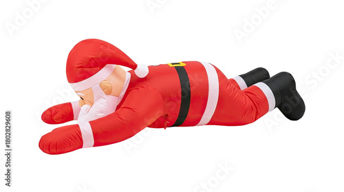 Humorous inflatable Santa Claus decoration in a classic red suit and hat, lying down in a tired or relaxing pose after the holidays, isolated on a black background