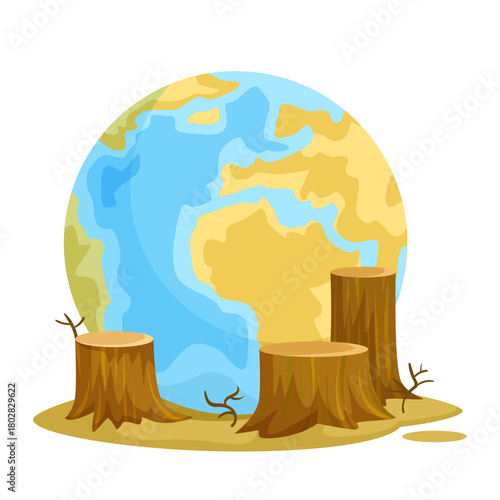 Illustration of a globe behind several tree stumps, flat cartoon style on white background. Concept of deforestation and environmental damage. Vector illustration