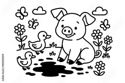 Playful Pig Paradise. A playful pig sitting near a mud puddle with ducks, flowers, and butterflies, black and white line art,