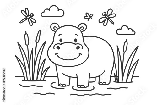 Cheerful Hippo Coloring. A cheerful hippopotamus standing in water with reeds, dragonflies, and clouds, black and white line art,