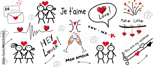 
Hand-drawn Valentine doodle set featuring couples, hearts, letters, speech bubbles, champagne glasses, flowers, and romantic phrases, creating a playful love-themed illustration .