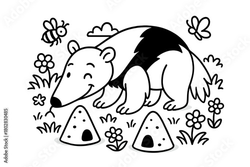 Smiling Anteater Adventure. A smiling anteater sniffing near anthills with grass, flowers, and insects, black and white line art,