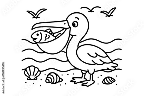 Pelican Coloring Page. A smiling pelican with fish in its beak near the ocean with waves, seagulls, and shells, black and white