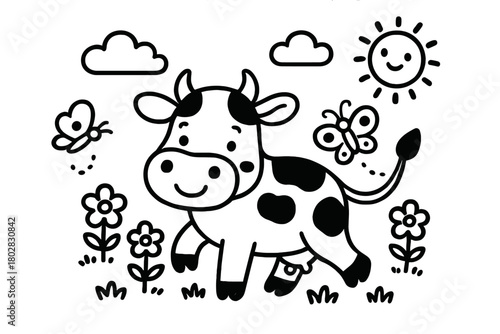 Playful Cow Coloring. A cute cow in a playful scene with friendly details, black and white line art, children’s coloring book page