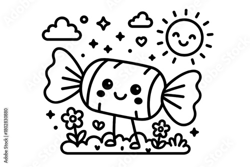 Cute Candy Coloring. A cute candy in a playful scene with friendly details, black and white line art, children’s coloring book