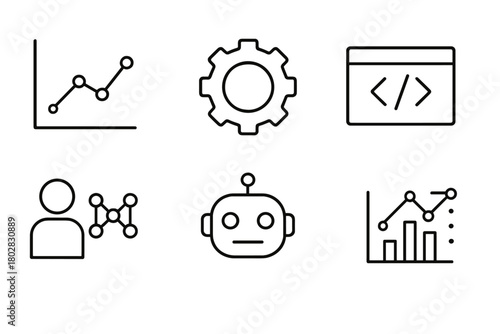 Machine Learning Icons. Line style icons of Machine Learning: Graph, Data Set, Gear, Code, Training Model, Robot Head, Chart,