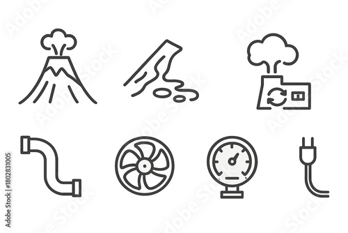 Volcano Energy Icons. Line style icons of Volcano Energy: Volcano, Lava Flow, Steam Cloud, Geothermal Plant, Pipe, Turbine, Gauge,