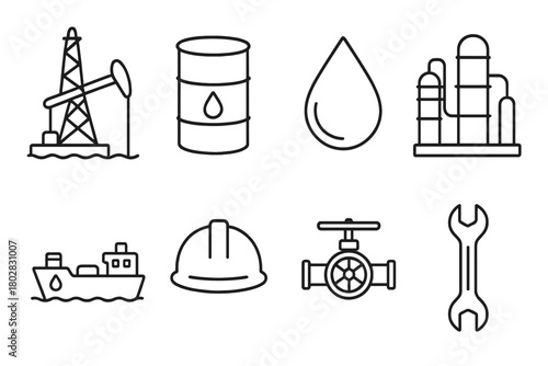 Oil Industry Icons. Line style icons of Oil Industry: Oil Rig, Barrel, Drop of Oil, Refinery, Tanker Ship, Hard Hat, Valve, Wrench