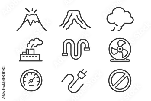 Volcano Energy Icons. Line style icons of Volcano Energy: Volcano, Lava Flow, Steam Cloud, Geothermal Plant, Pipe, Turbine, Gauge,