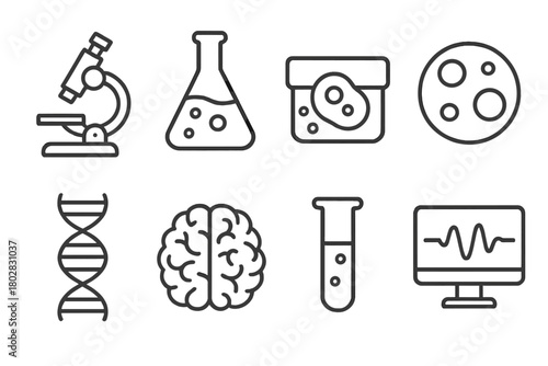 Biomedical Icon Set. Line style icons of Biomedical Research: Microscope, Lab Flask, Cell Culture, Petri Dish, DNA Helix, Brain,