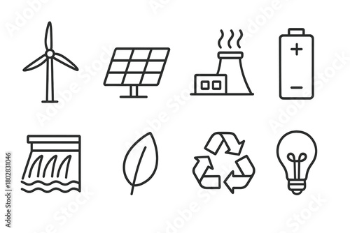 Sustainable Energy Icons. Line style icons of Sustainable Energy: Wind Turbine, Solar Panel, Geothermal Plant, Battery,