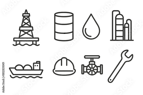 Oil Industry Icons. Line style icons of Oil Industry: Oil Rig, Barrel, Drop of Oil, Refinery, Tanker Ship, Hard Hat, Valve, Wrench