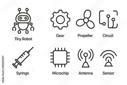 Nanorobotics Icons Collection. Line style icons of Nanorobotics: Tiny Robot, Gear, Propeller, Circuit, Syringe, Microchip, Antenna