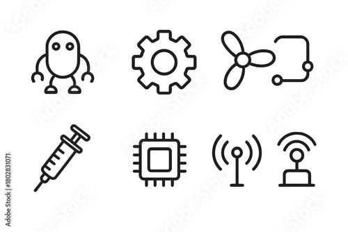 Nanorobotics Icons Collection. Line style icons of Nanorobotics: Tiny Robot, Gear, Propeller, Circuit, Syringe, Microchip, Antenna