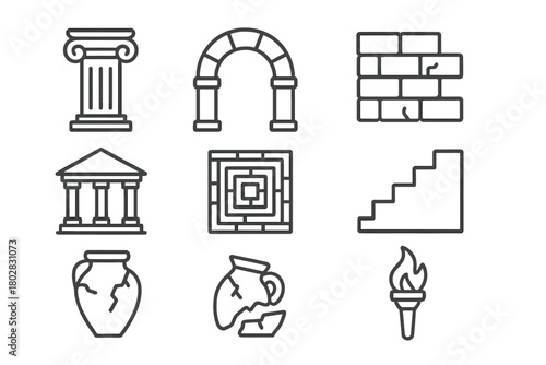Ancient Ruins Icons. Line style icons of Ruins: Column, Arch, Brick Wall, Temple, Mosaic, Stairs, Broken Pottery, Torch, No text,