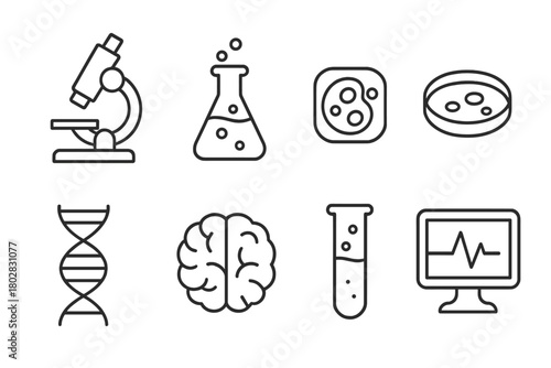 Biomedical Icon Set. Line style icons of Biomedical Research: Microscope, Lab Flask, Cell Culture, Petri Dish, DNA Helix, Brain,