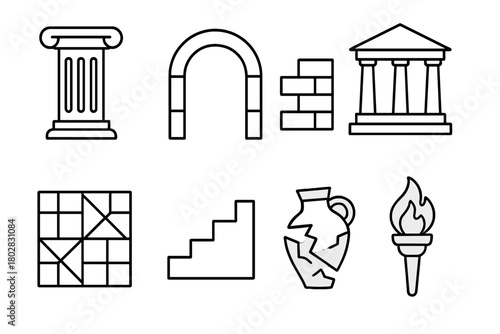 Ancient Ruins Icons. Line style icons of Ruins: Column, Arch, Brick Wall, Temple, Mosaic, Stairs, Broken Pottery, Torch, No text,