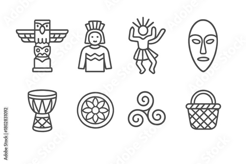 Cultural Anthropology Icons. Line style icons of Cultural Anthropology: Totem, Costume, Ritual Dance, Mask, Musical Instrument,