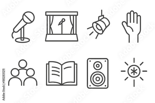 Slam Poetry Icons. Line style icons of Slam Poetry: Microphone, Stage, Spotlight, Hand, Audience, Book, Speaker, Symbol, No text,