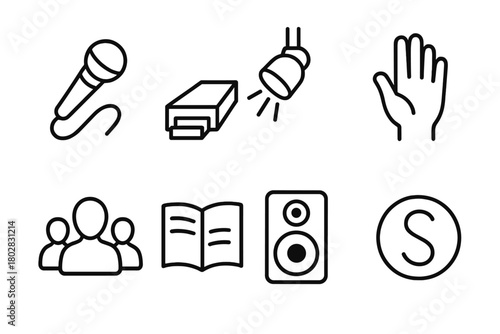 Slam Poetry Icons. Line style icons of Slam Poetry: Microphone, Stage, Spotlight, Hand, Audience, Book, Speaker, Symbol, No text,