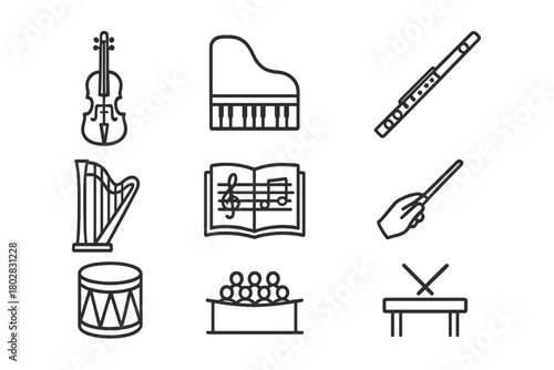 Ballet Music Icons. Line style icons of Ballet Music: Violin, Piano, Flute, Harp, Sheet Music, Conductor Baton, Drum, Orchestra