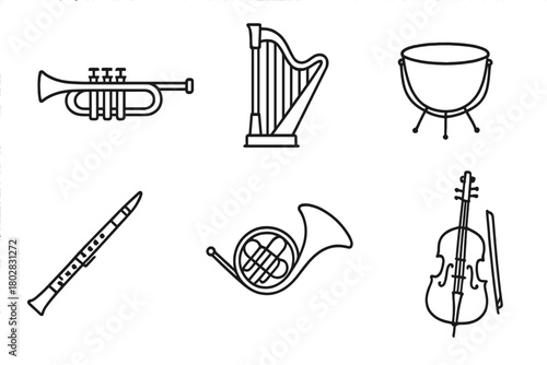 Orchestra Instrument Icons. Line style icons of Orchestra: Trumpet, Flute, Harp, Timpani, Clarinet, Trombone, French Horn, Double