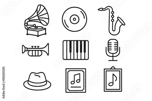 Jazz Instruments Icons. Line style icons of Jazz History: Old Record Player, Vinyl, Saxophone, Trumpet, Piano, Microphone, Hat,