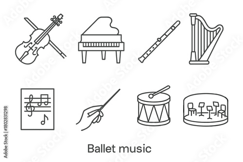 Ballet Music Icons. Line style icons of Ballet Music: Violin, Piano, Flute, Harp, Sheet Music, Conductor Baton, Drum, Orchestra