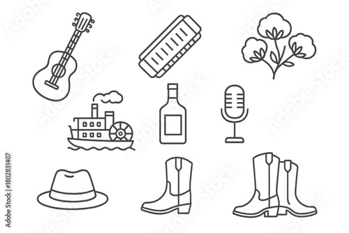 Delta Blues Icons. Line style icons of Delta Blues: Acoustic Guitar, Harmonica, Cotton Field, Riverboat, Whiskey Bottle,