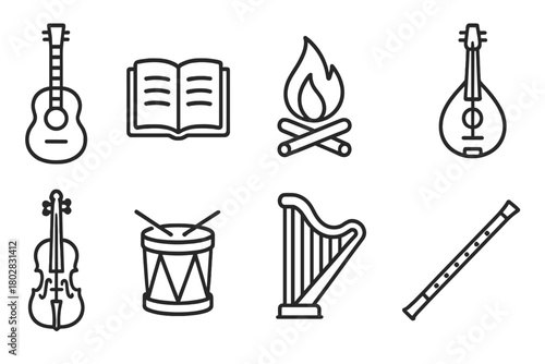 Storytelling Music Icons. Line style icons of Storytelling Music: Acoustic Guitar, Book, Campfire, Mandolin, Violin, Drum, Harp,