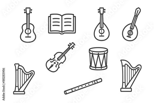 Storytelling Music Icons. Line style icons of Storytelling Music: Acoustic Guitar, Book, Campfire, Mandolin, Violin, Drum, Harp,