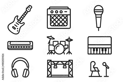 Electric Blues Icons. Line style icons of Electric Blues: Electric Guitar, Amplifier, Microphone, Harmonica, Drum Kit, Piano,