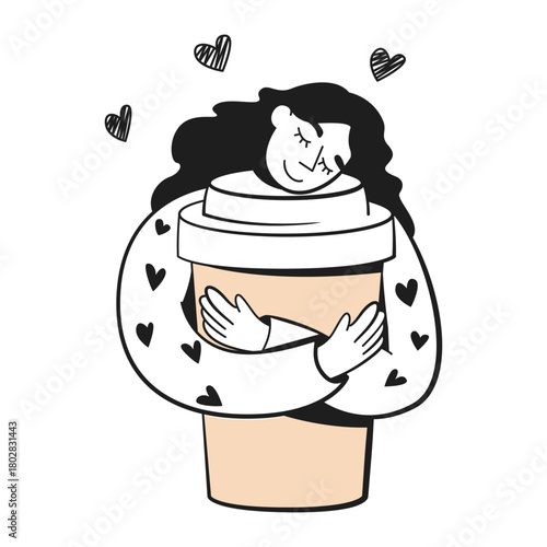 Woman hugging a large coffee cup with hearts around, cartoon style, on white background. Concept of love for coffee. Vector illustration