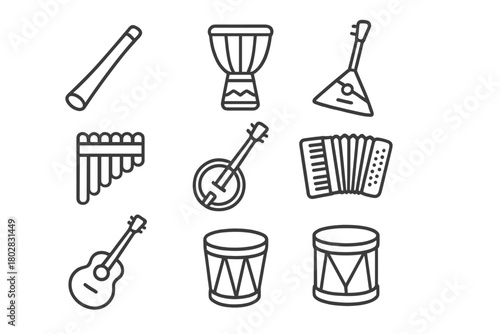 World Folk Instruments Icons. Line style icons of World Folk: Didgeridoo, Djembe, Balalaika, Pan Flute, Banjo, Accordion, Guitar,