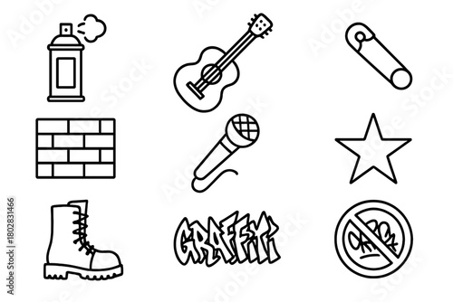 Punk Street Art Icons. Line style icons of Punk Street Art: Spray Can, Guitar, Safety Pin, Brick Wall, Microphone, Star, Boots,