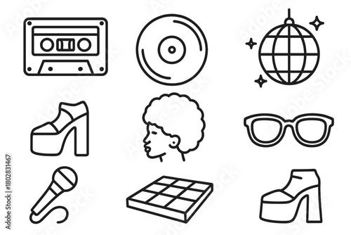 Retro Vibes Icons. Line style icons of Retro Vibes: Cassette Tape, Vinyl Record, Disco Ball, Platform Shoe, Afro Hair, Sunglasses,