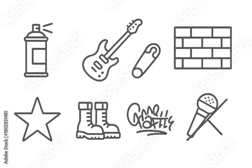 Punk Street Art Icons. Line style icons of Punk Street Art: Spray Can, Guitar, Safety Pin, Brick Wall, Microphone, Star, Boots,