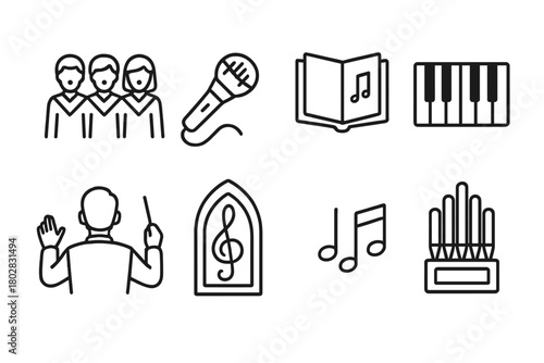 Choir Performance Essentials. Line style icons of Choir Singing: Choir Robes, Microphone, Hymn Book, Piano, Conductor, Church